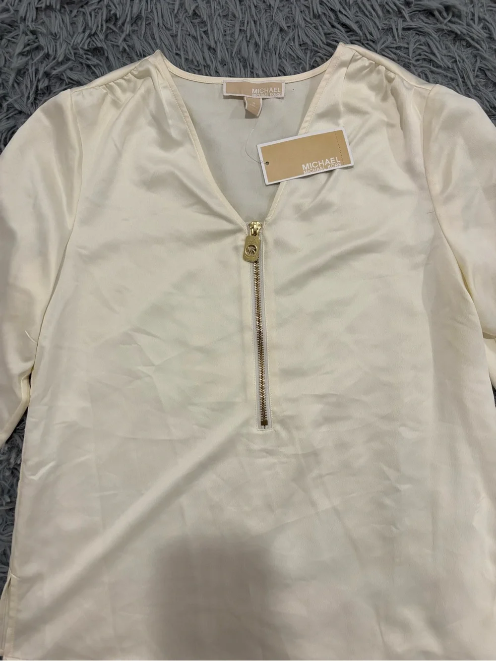 NEW Michael Kors Womens Small Bone White Satin Zip Front Blouse Minimalist Glam